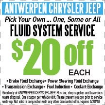$20 Off Each Fluid System Service at Antwerpen Chrysler Jeep Service in Baltimore, MD