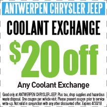 $20 Off Any Coolant Exchange at Antwerpen Chrysler Jeep Service in Baltimore, MD