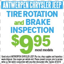 $9.95 Tire Rotation and Brake Inspection at Antwerpen Chrysler Jeep Service in Baltimore, MD