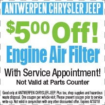  $5.00 Off Engine Air Filter at Antwerpen Chrysler Jeep Service in Baltimore, MD